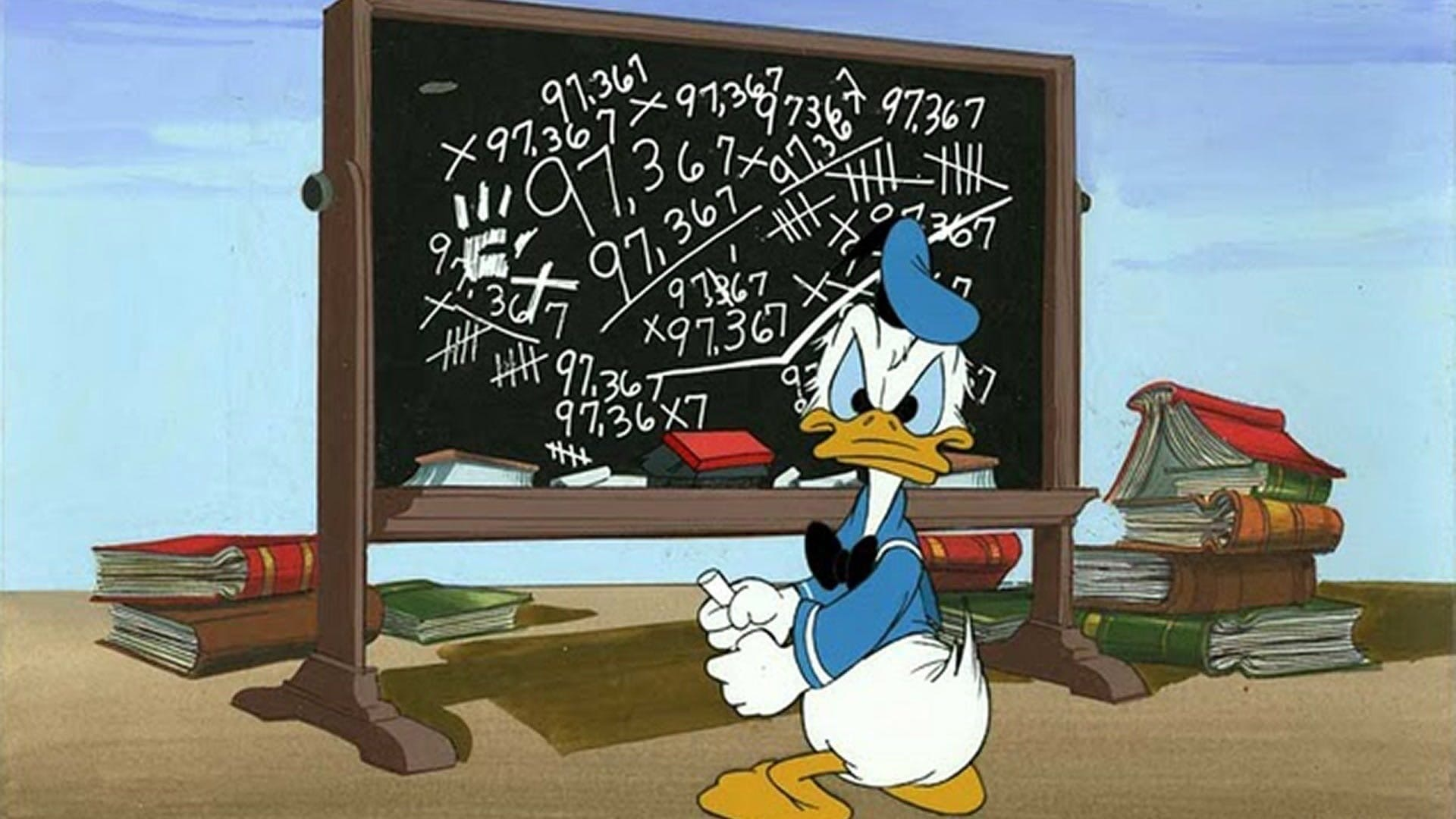 Donald Duck looks frustrated in front of a chalkboard marked up with haphazard numbers.