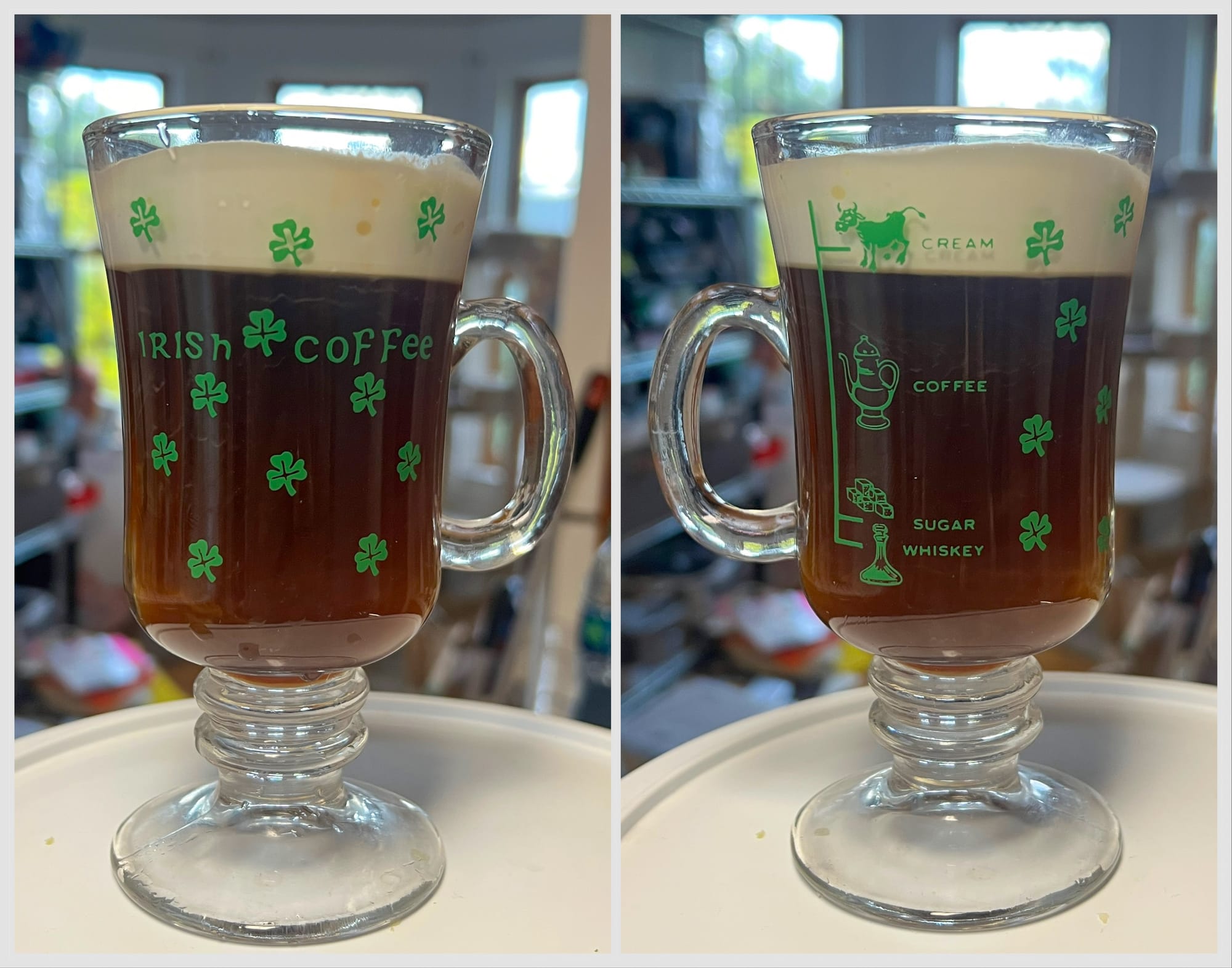 Front and back view of an Irish Coffee in vintage glassware.