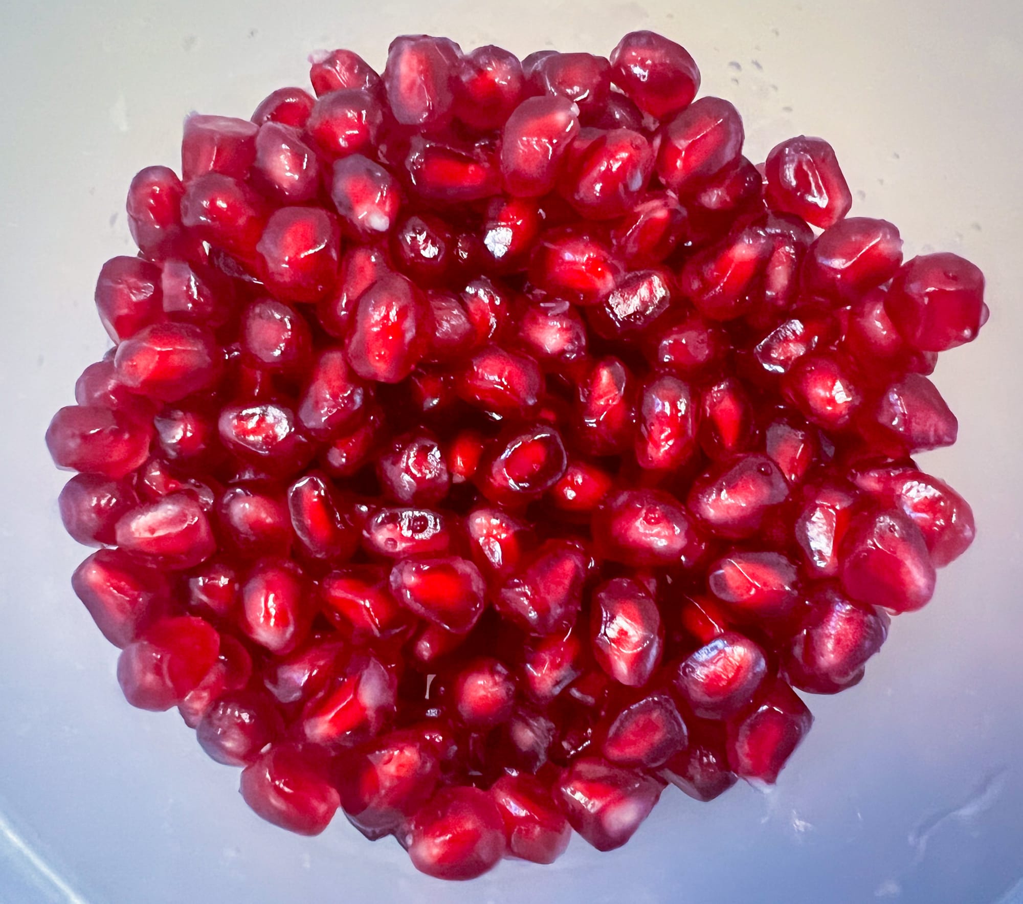 A pile of pomegranate seeds are now out of the water, and are seen at the bottom of a container.