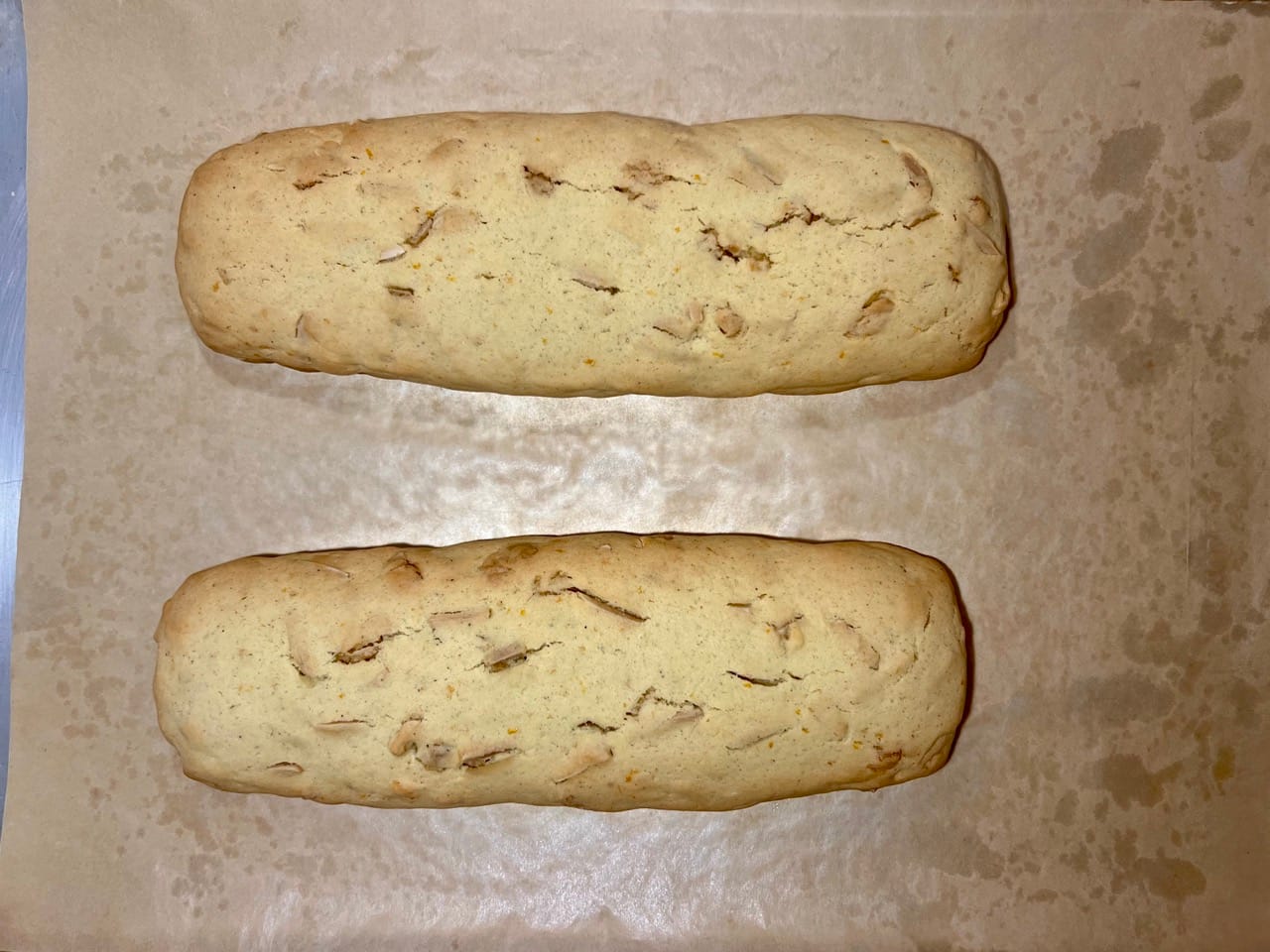 The two logs have now been baked, and they've puffed up a bit. They're golden brown.