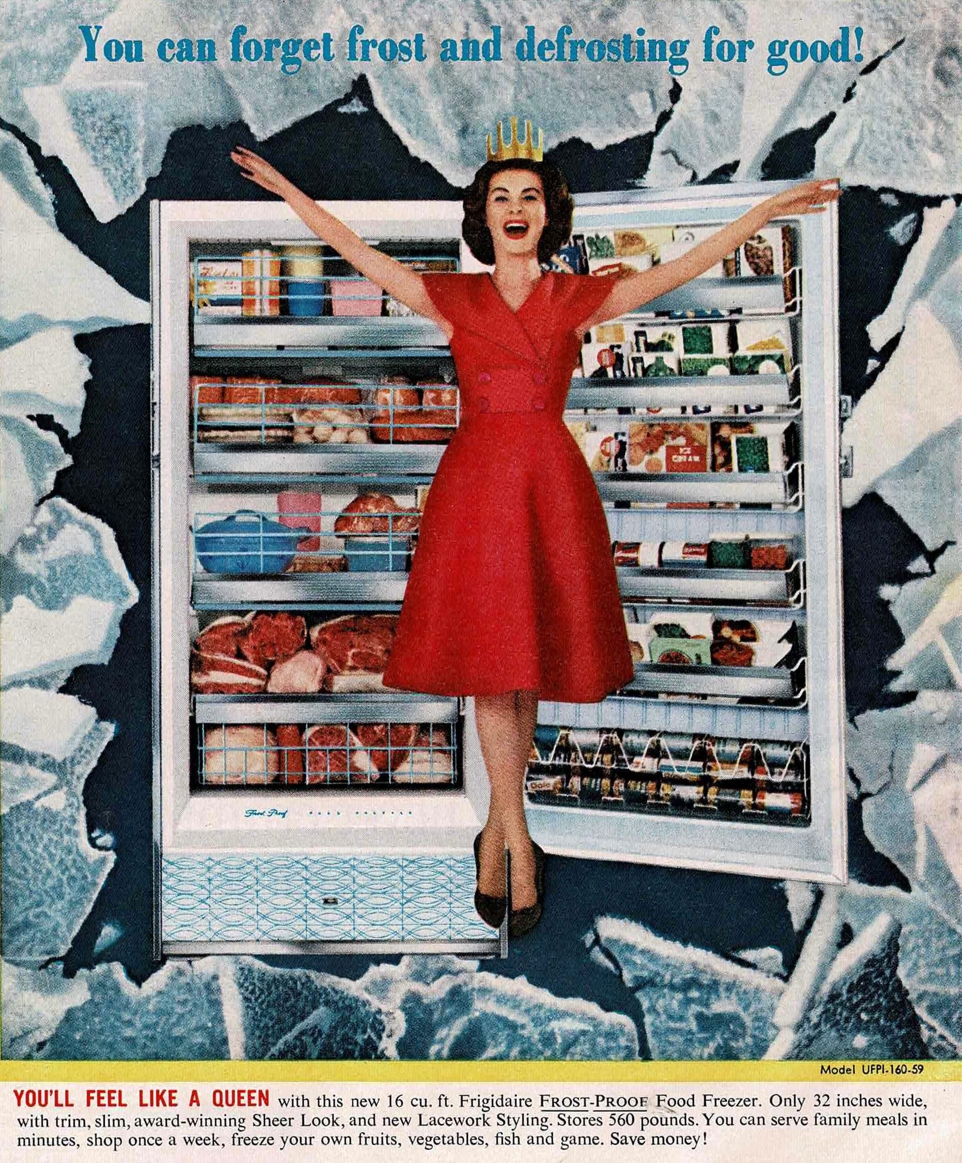 Vintage 1950s magazine ad for a Frigidaire freezer. "You'll feel like a queen!"