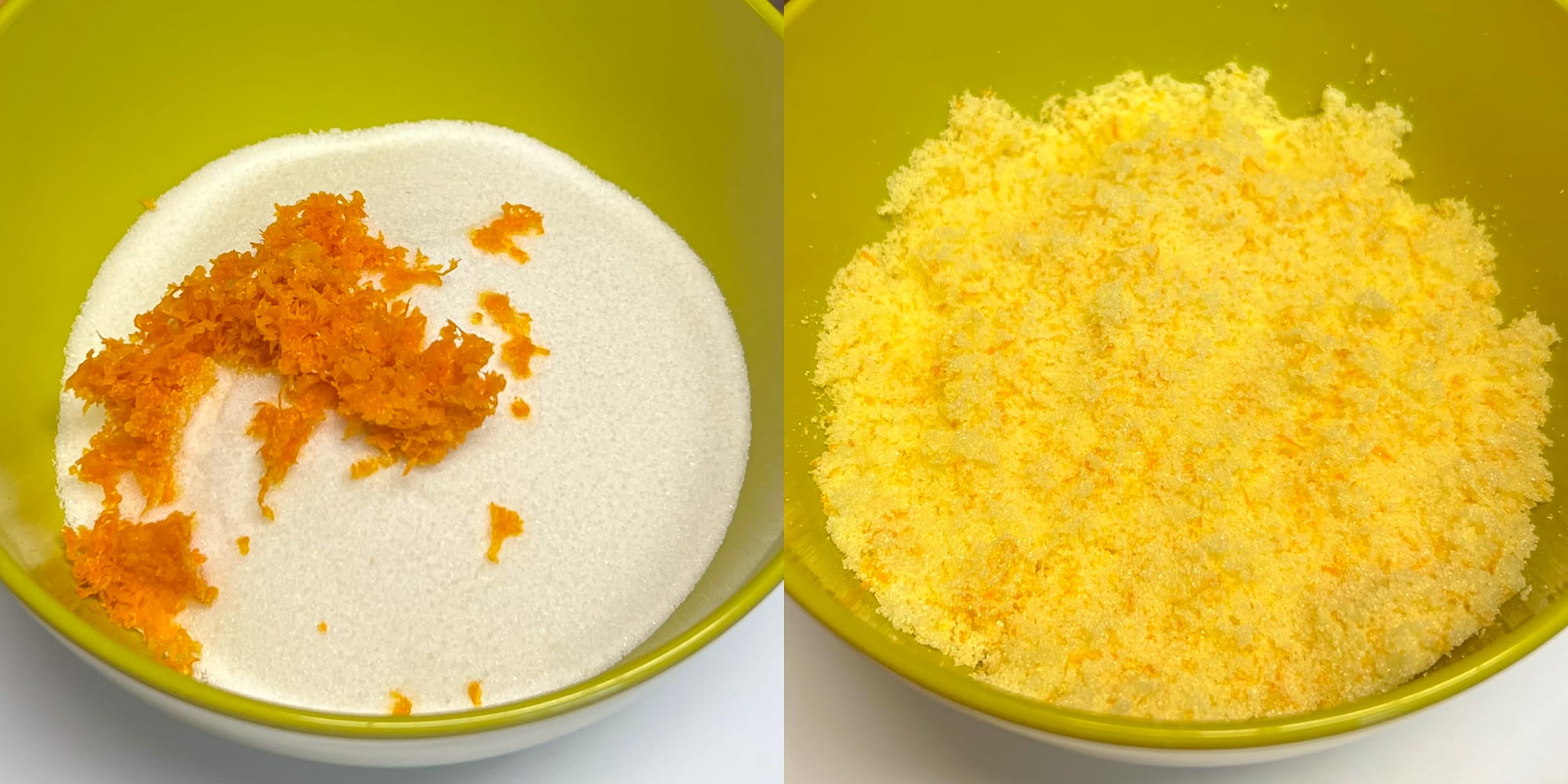 On the left, bright white sugar has orange zest on top. On the right, the sugar is now uniformly yellow and a bit more damp.