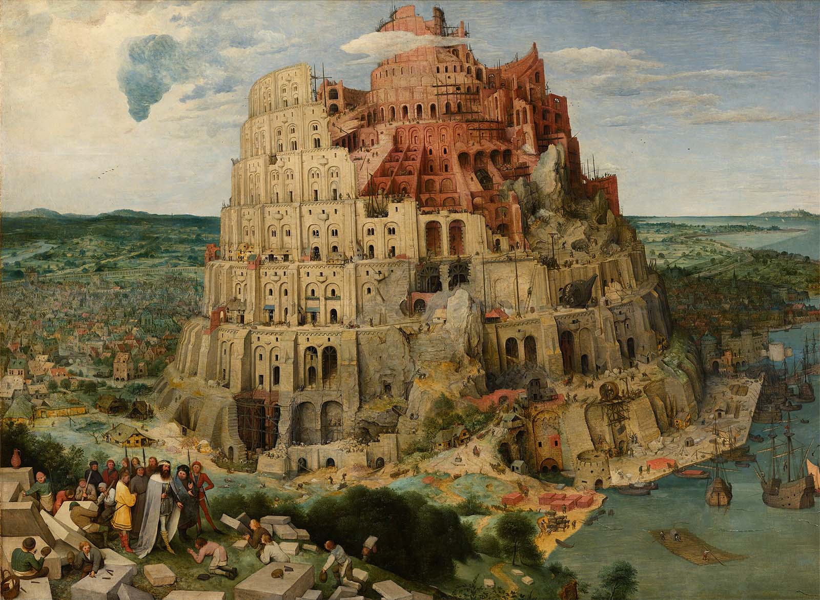 Detailed painting of a round, wide, tiered tower. 