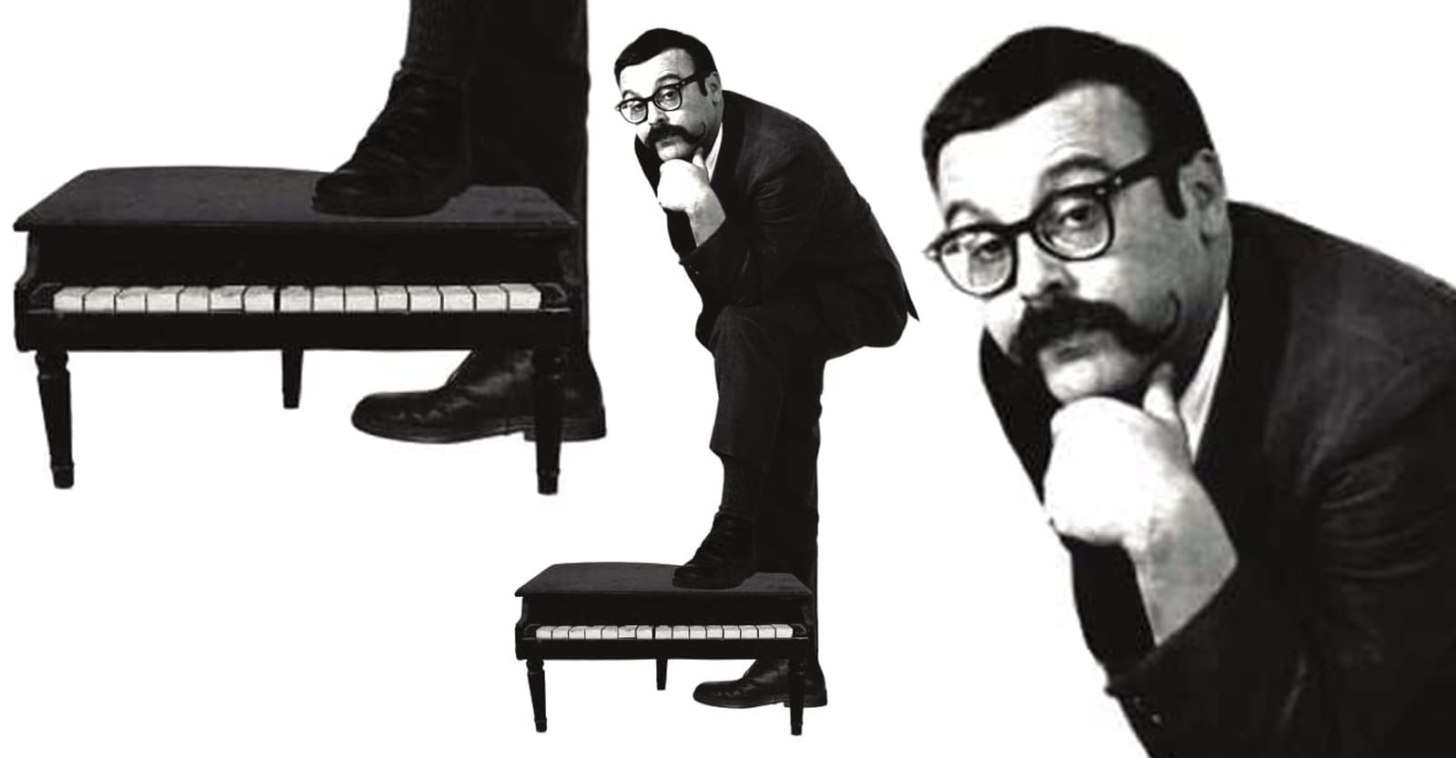 A photo of Vince Guaraldi, with his big handlebar mustache and heavy-rimmed glasses. He's standing next to a small piano.