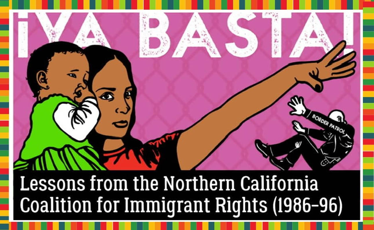 An illustration shows a Latina woman holding a baby, flinging her arm out, knocking back a black-clad "Border Patrol" figure.