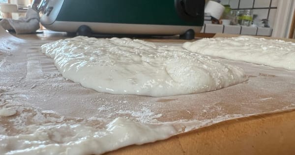 A blobby, sad puddle of dough on floured parchment. It's about a half inch high. It does not look right at all.