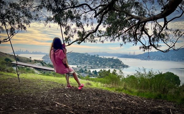 Wanda in a tree swing overlooking a spectacular view of San Francisco Bay, with the City in the distance.